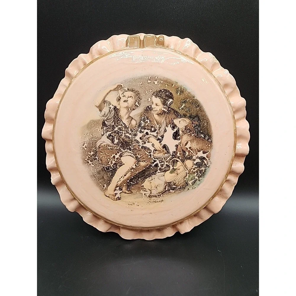 Set Of Two‎ Vintage Glazed Cermaic Hot Pads/ Wall Hangings W/ Victorian Scene